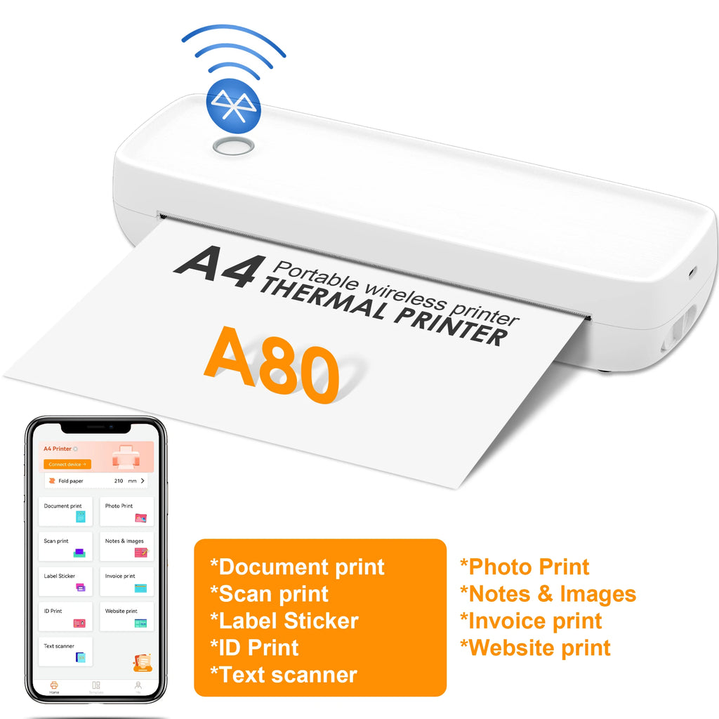 A80 Portable Small Wireless Printer, Supports 8.5" x 11" US Letter and A4 Thermal Paper, Compatible with iOS Android and Laptops